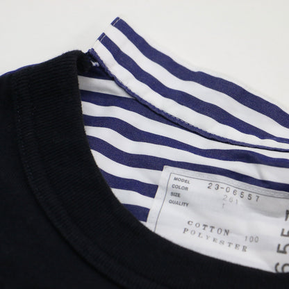 23春夏 ストライプ コンビ 半袖 Tシャツ / Cotton Poplin T-Shirt 23-06557 プルオーバー クルーネック 切替 コットン