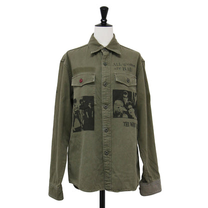 ザ クランプス プリント 長袖 ミリタリー シャツ / THE CRAMPS レギュラーカラー フォト ロゴ コットン