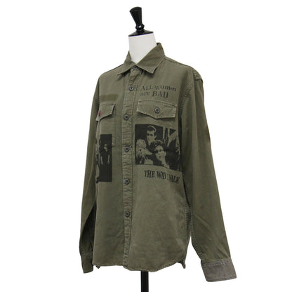 ザ クランプス プリント 長袖 ミリタリー シャツ / THE CRAMPS レギュラーカラー フォト ロゴ コットン