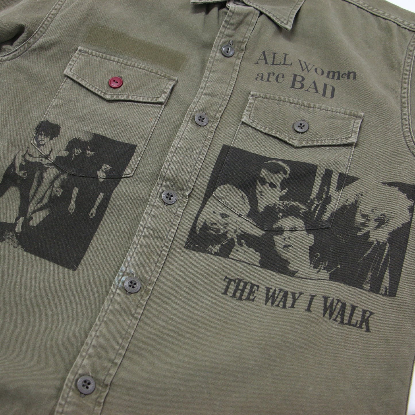 ザ クランプス プリント 長袖 ミリタリー シャツ / THE CRAMPS レギュラーカラー フォト ロゴ コットン