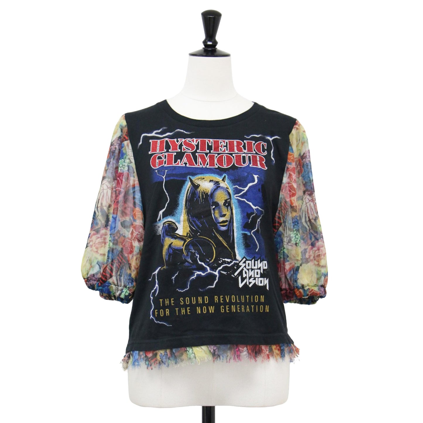 花柄 シフォン ドッキング Tシャツ / THUNDER MOUNTAIN カットソー 半袖 クルーネック パフスリーブ ロゴ グラフィック プリント