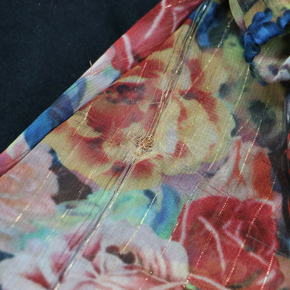 花柄 シフォン ドッキング Tシャツ / THUNDER MOUNTAIN カットソー 半袖 クルーネック パフスリーブ ロゴ グラフィック プリント