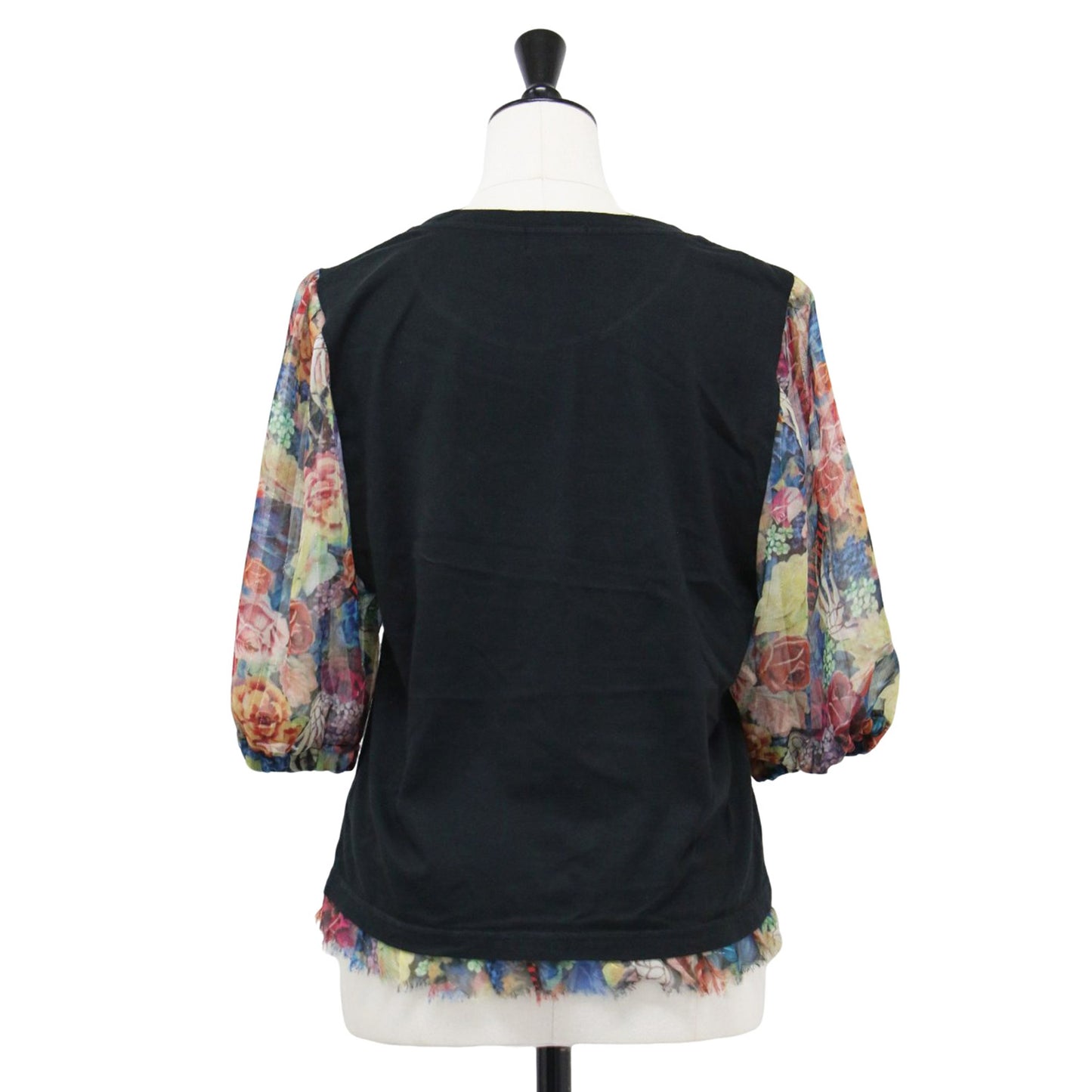 花柄 シフォン ドッキング Tシャツ / THUNDER MOUNTAIN カットソー 半袖 クルーネック パフスリーブ ロゴ グラフィック プリント