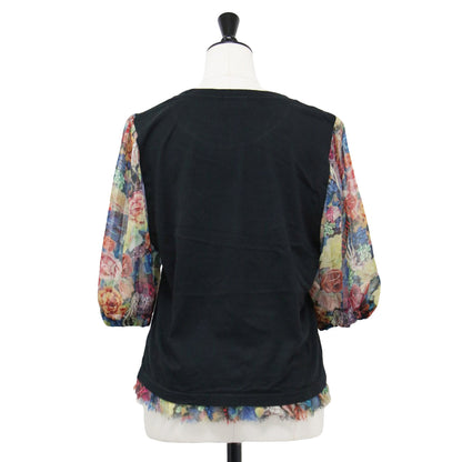 花柄 シフォン ドッキング Tシャツ / THUNDER MOUNTAIN カットソー 半袖 クルーネック パフスリーブ ロゴ グラフィック プリント