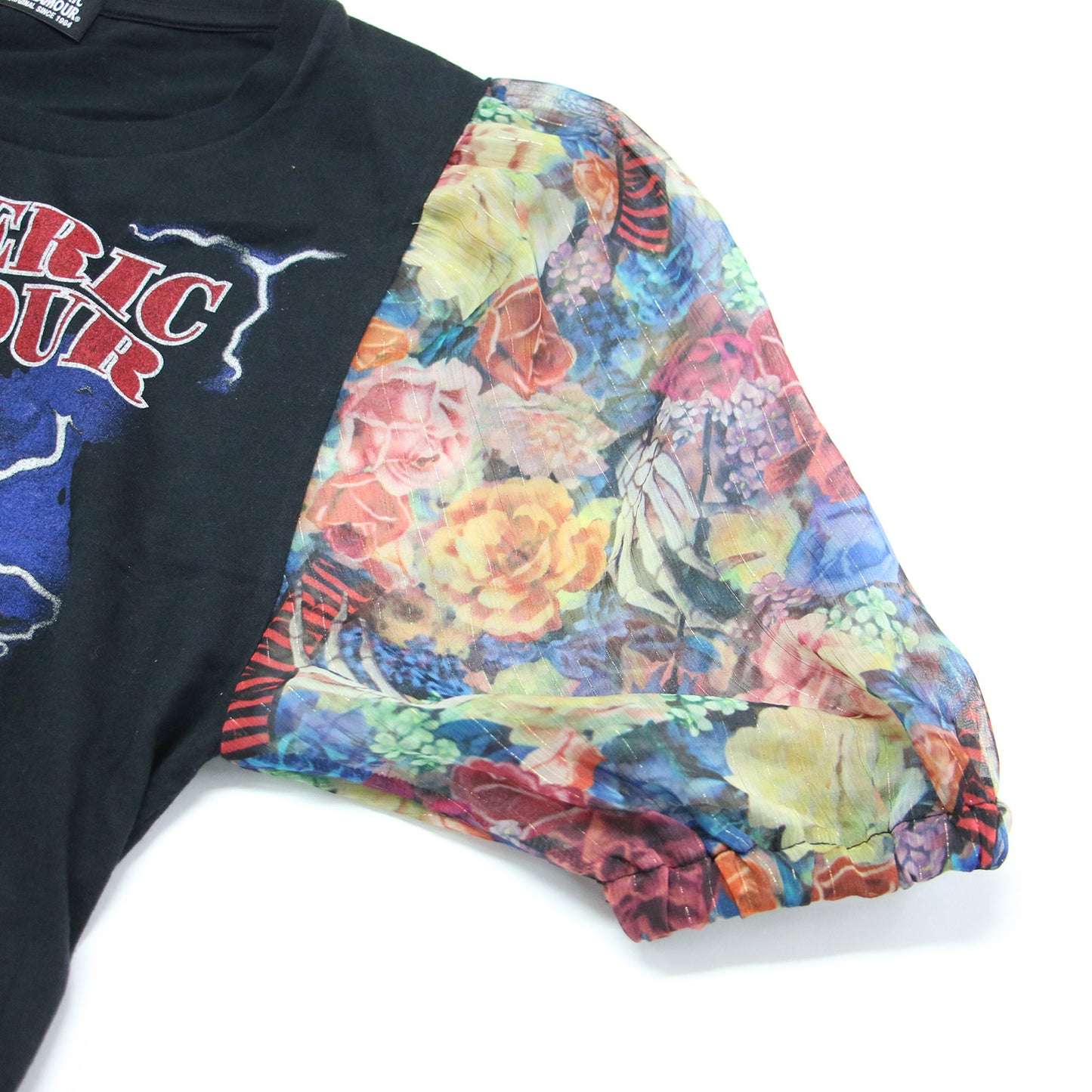 花柄 シフォン ドッキング Tシャツ / THUNDER MOUNTAIN カットソー 半袖 クルーネック パフスリーブ ロゴ グラフィック プリント