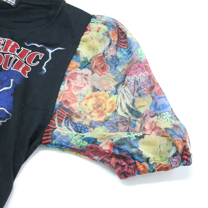 花柄 シフォン ドッキング Tシャツ / THUNDER MOUNTAIN カットソー 半袖 クルーネック パフスリーブ ロゴ グラフィック プリント