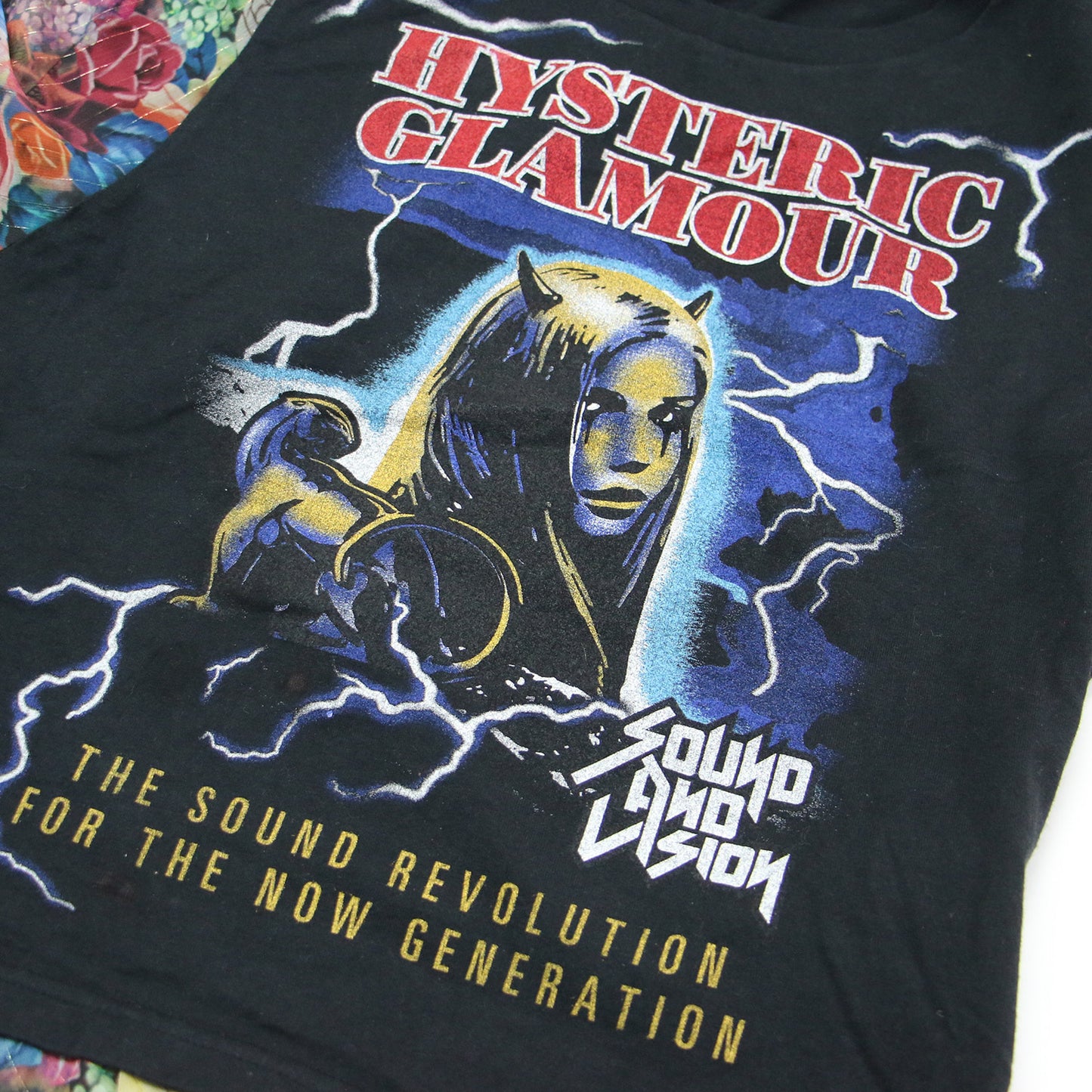 花柄 シフォン ドッキング Tシャツ / THUNDER MOUNTAIN カットソー 半袖 クルーネック パフスリーブ ロゴ グラフィック プリント