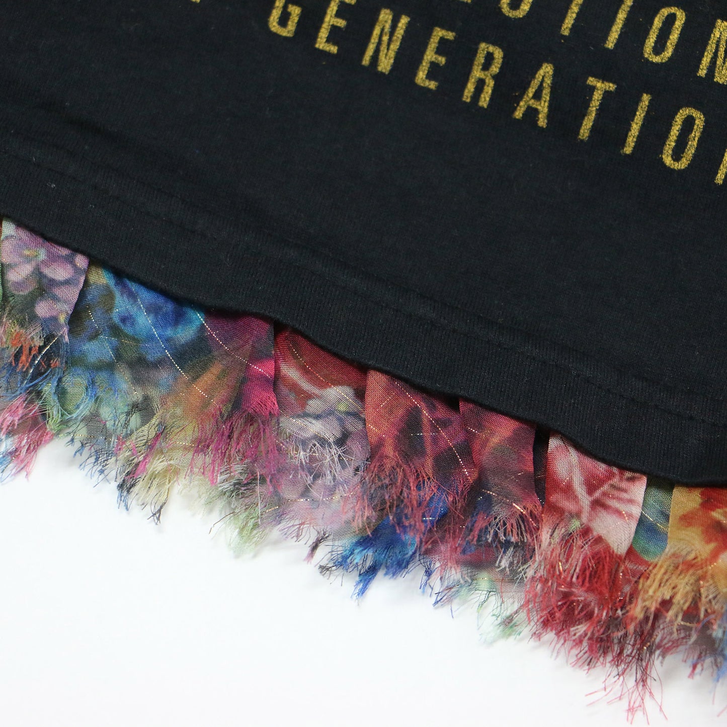 花柄 シフォン ドッキング Tシャツ / THUNDER MOUNTAIN カットソー 半袖 クルーネック パフスリーブ ロゴ グラフィック プリント