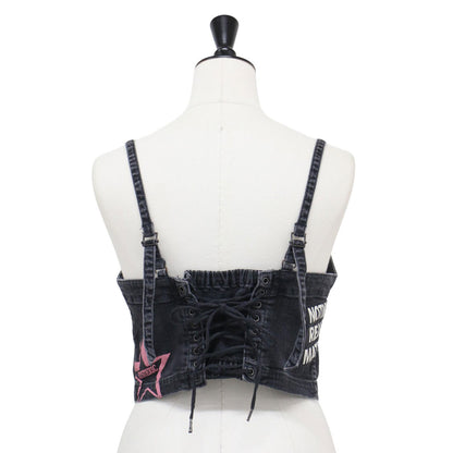 USED加工 ストレッチ デニム ロゴ プリント ビスチェ / キャミソール ショート丈 コットン