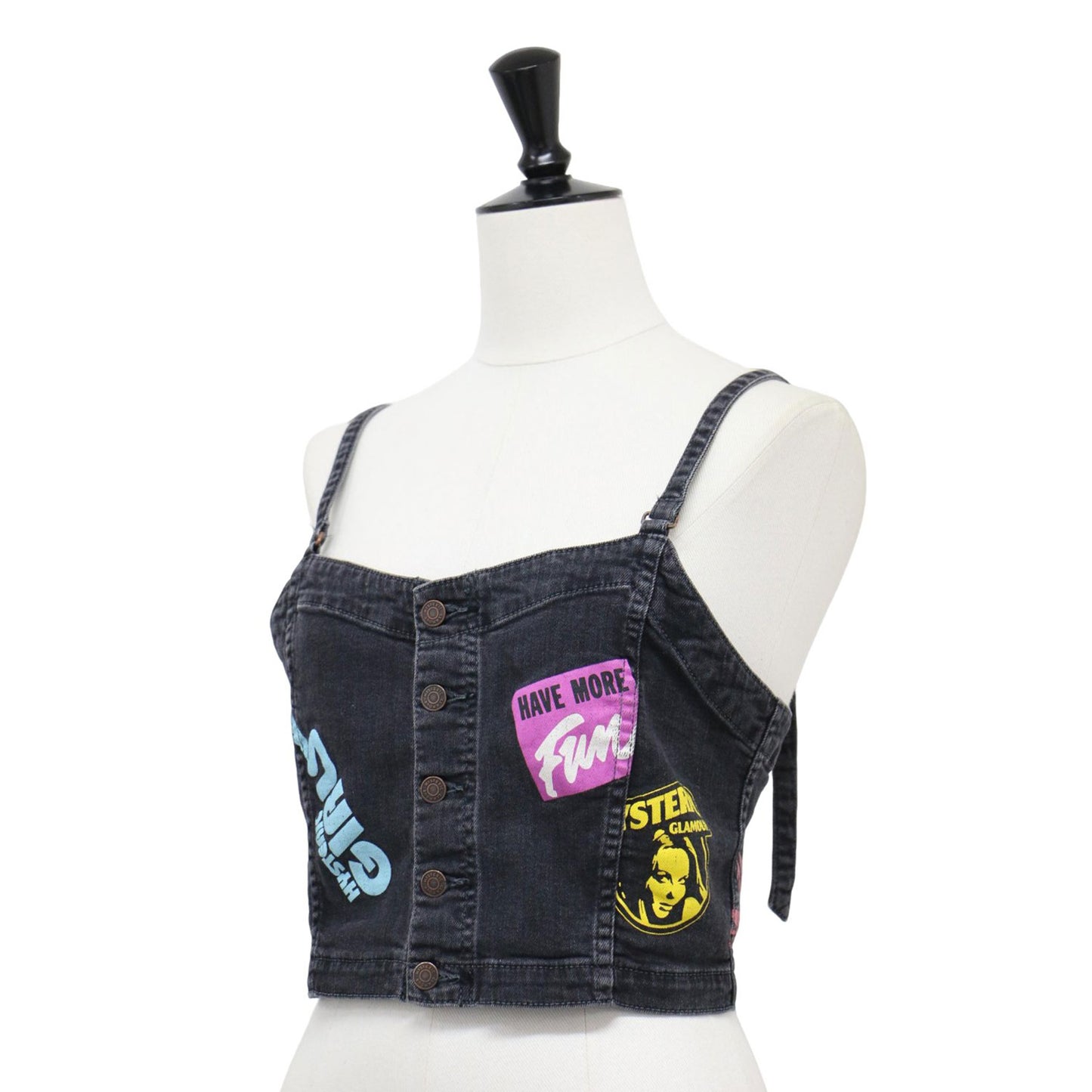 USED加工 ストレッチ デニム ロゴ プリント ビスチェ / キャミソール ショート丈 コットン