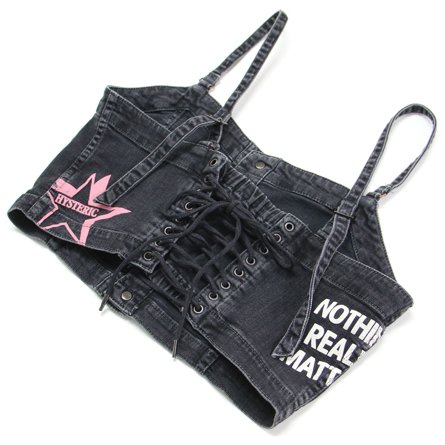 USED加工 ストレッチ デニム ロゴ プリント ビスチェ / キャミソール ショート丈 コットン