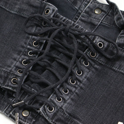 USED加工 ストレッチ デニム ロゴ プリント ビスチェ / キャミソール ショート丈 コットン