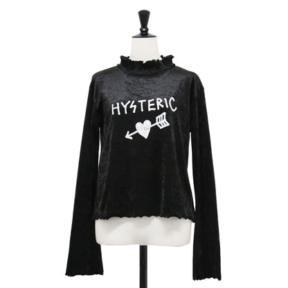 ハート ロゴ プリント ベロア カットソー / HEART Tシャツ プルオーバー 長袖 スタンドカラー ギャザー