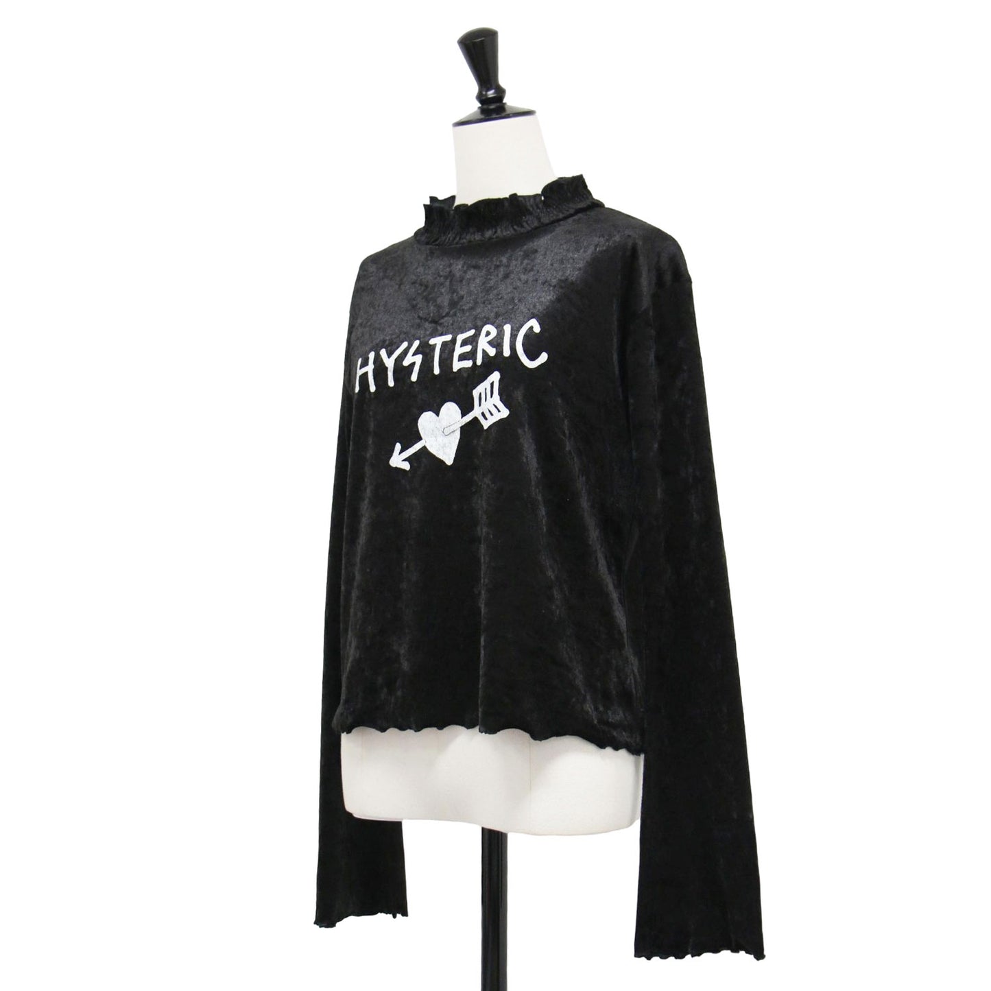 ハート ロゴ プリント ベロア カットソー / HEART Tシャツ プルオーバー 長袖 スタンドカラー ギャザー