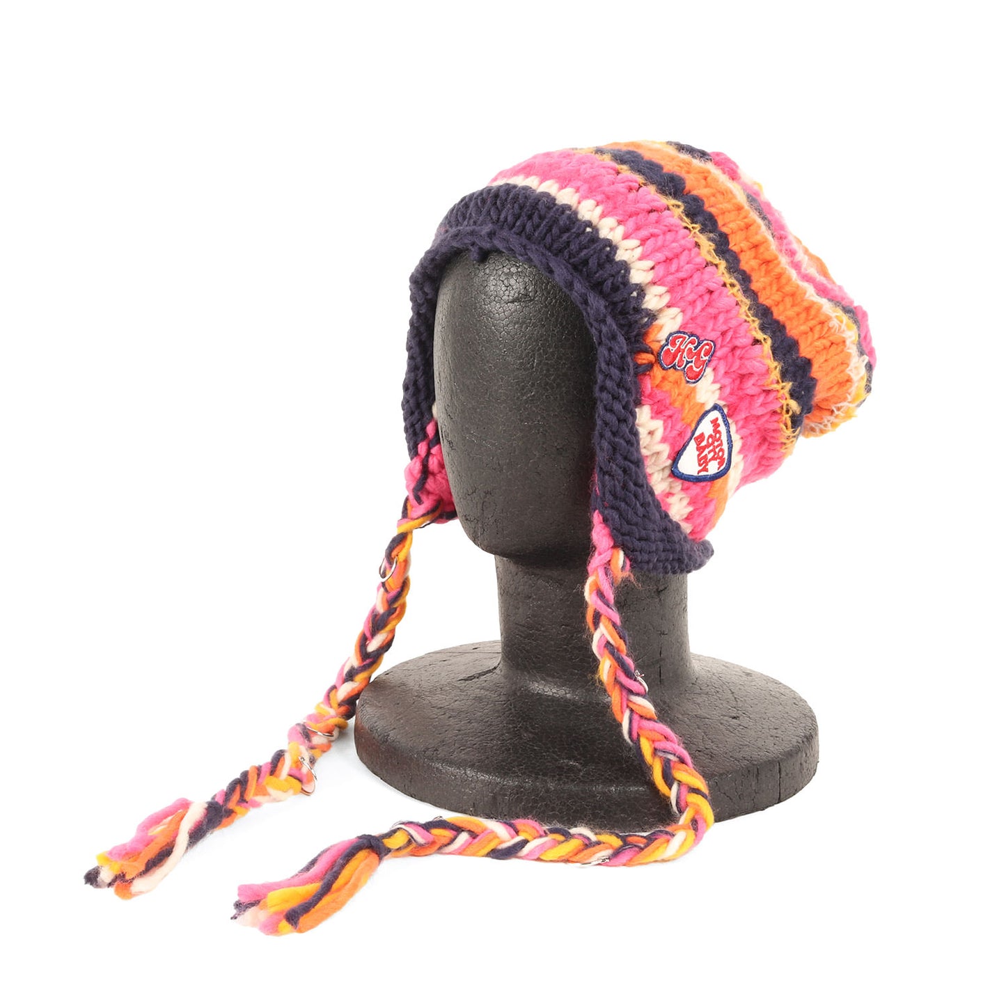 23秋冬 手編み ボーダー ニット キャップ / MOTOR CITY BABY 帽子 イヤーフラップ ワッペン