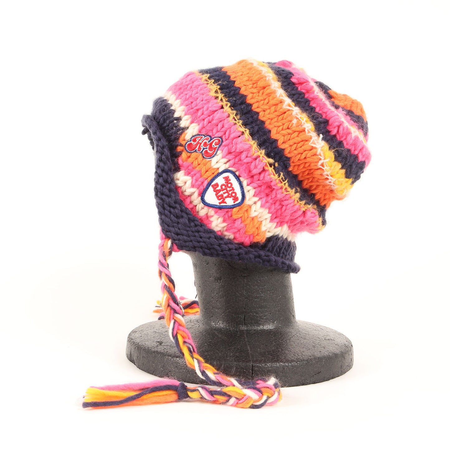 23秋冬 手編み ボーダー ニット キャップ / MOTOR CITY BABY 帽子 イヤーフラップ ワッペン