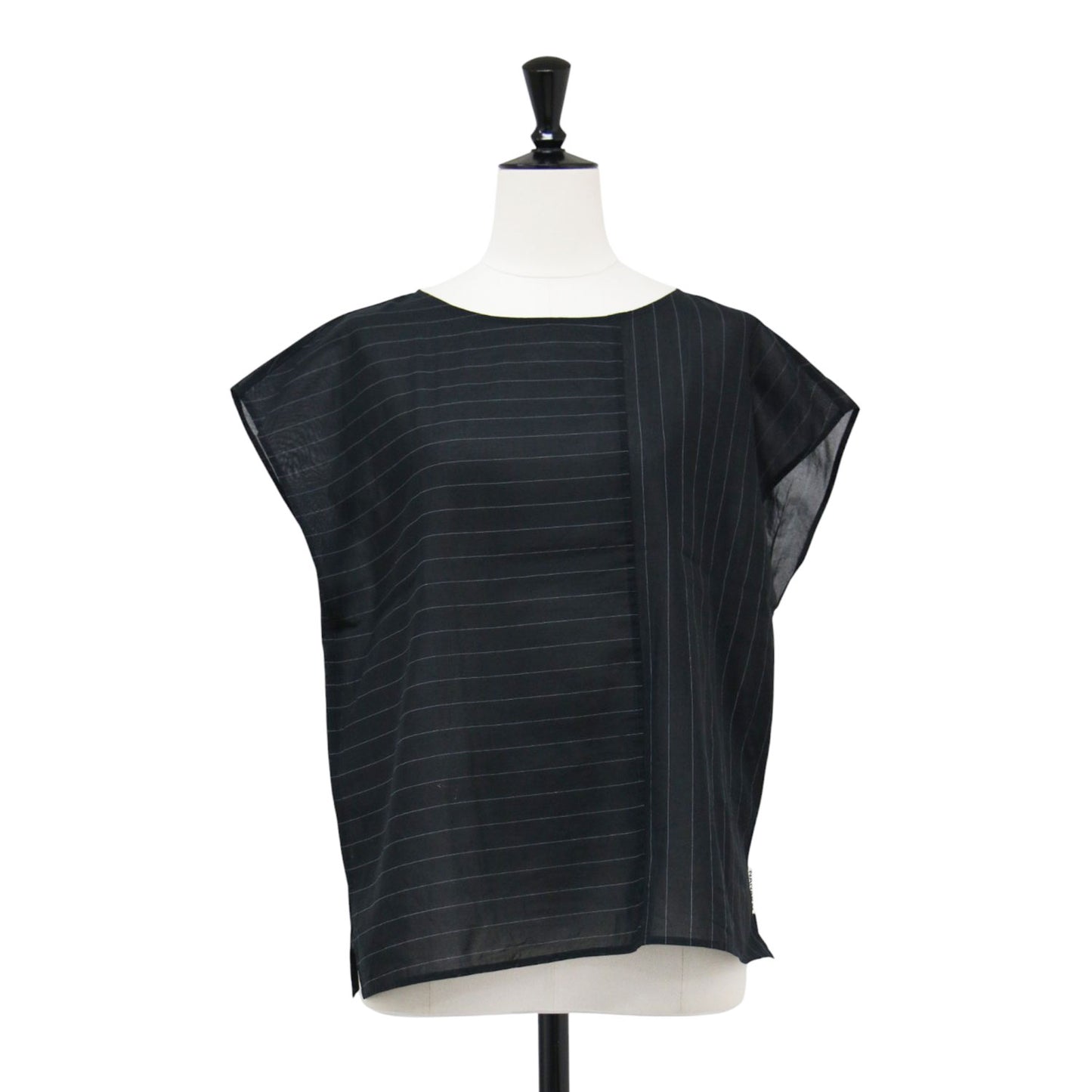 24秋冬 ボイルコットン ドロップショルダー Tシャツ / ブラウス フレンチスリーブ ボートネック シアー ストライプ