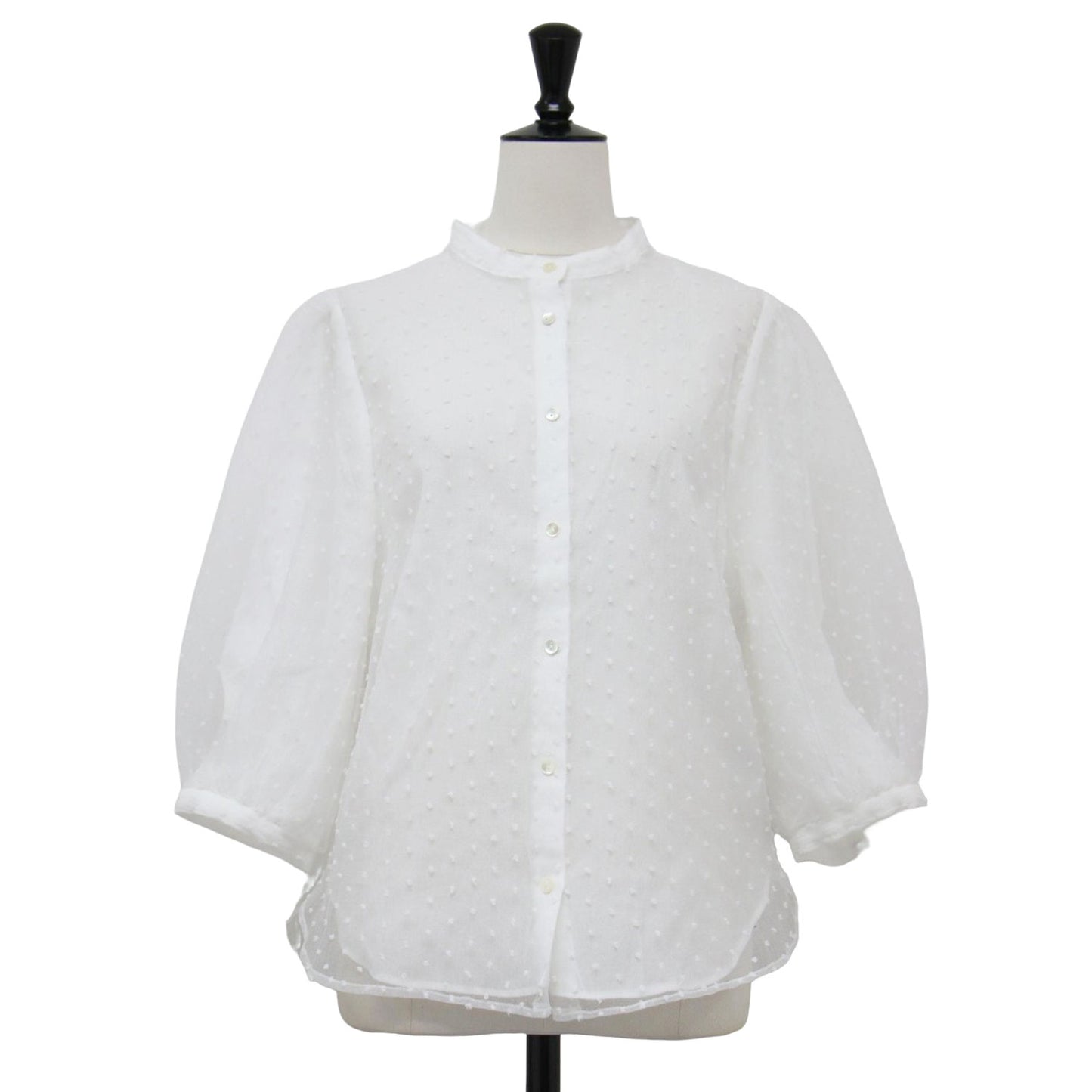 24春夏 ドット チュール オーガンジー ブラウス / シャツ 7分袖 ノーカラー パフスリーブ シアー