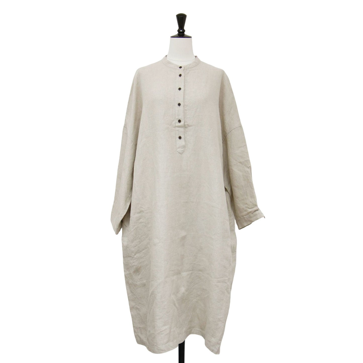 シャトルリネン バンドカラー ワンピース / ロング丈 長袖 ノーカラー ドロップショルダー ワイドシルエット