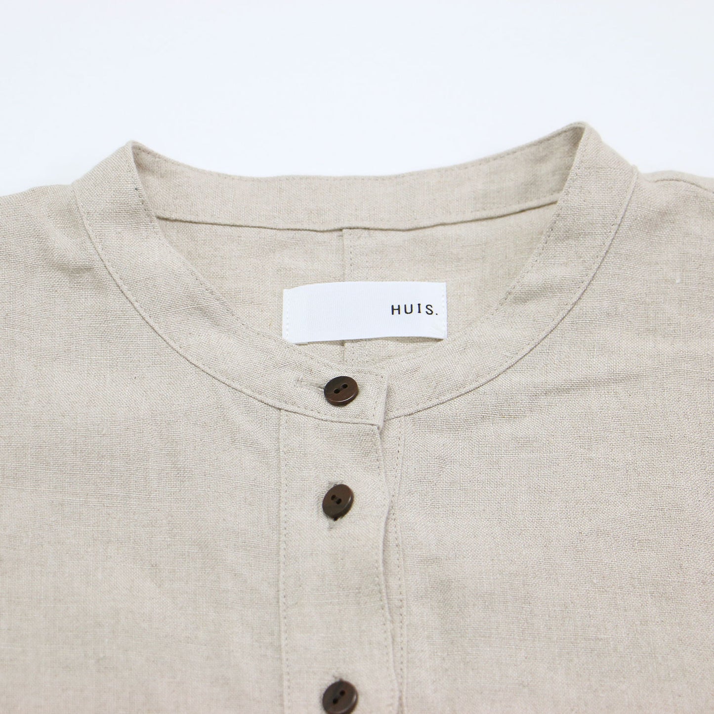 シャトルリネン バンドカラー ワンピース / ロング丈 長袖 ノーカラー ドロップショルダー ワイドシルエット