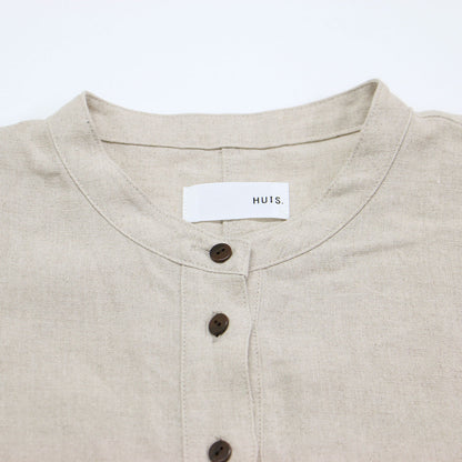 シャトルリネン バンドカラー ワンピース / ロング丈 長袖 ノーカラー ドロップショルダー ワイドシルエット