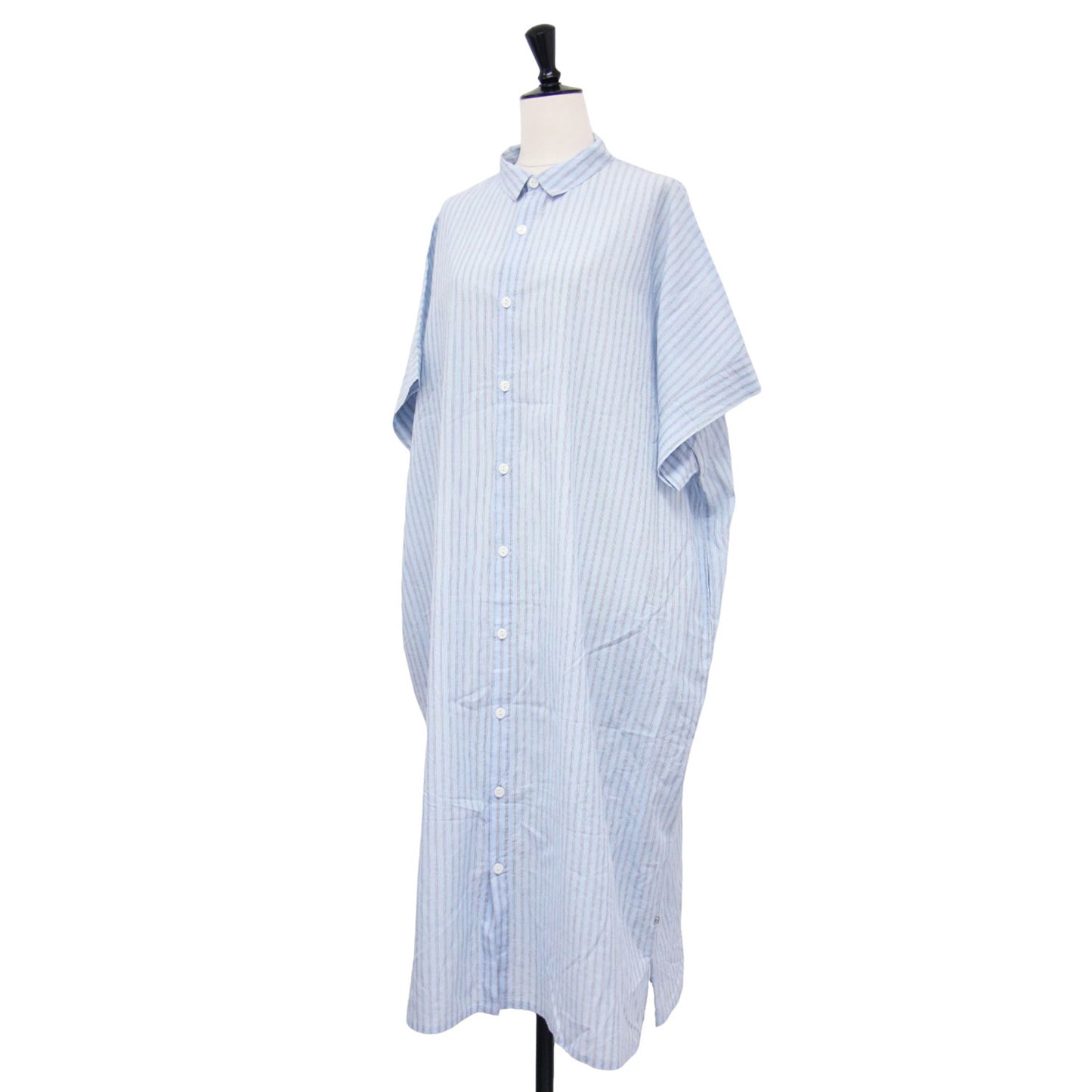 ゆるふわ コットン ショート スリーブ ロング シャツ / ワンピース 五分袖 スリット ストライプ