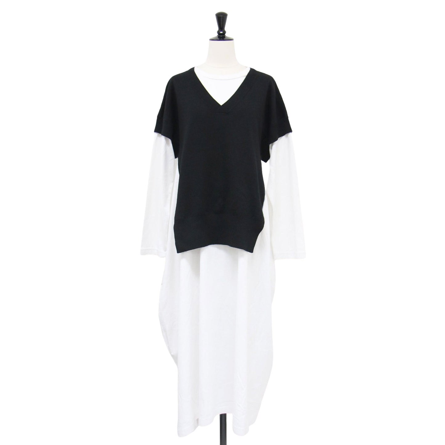 21秋冬 ニット レイヤードカット ドレス / プルオーバーワンピース 長袖 ロング丈 クルーネック Vネック オーバーサイズ