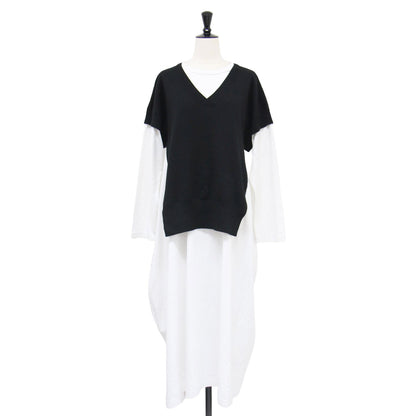 21秋冬 ニット レイヤードカット ドレス / プルオーバーワンピース 長袖 ロング丈 クルーネック Vネック オーバーサイズ