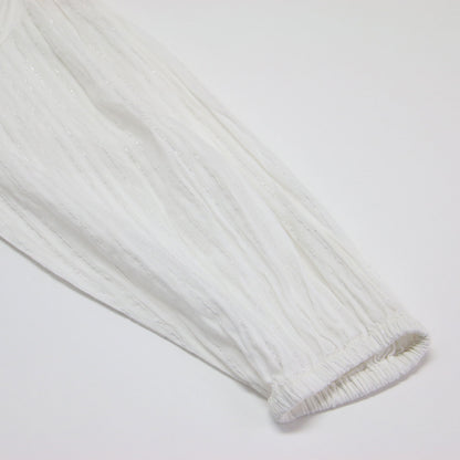 24春夏 ラメ ストライプ チュニック ブラウス / プルオーバー 長袖 スキッパー タッセル リボン スリット コットン