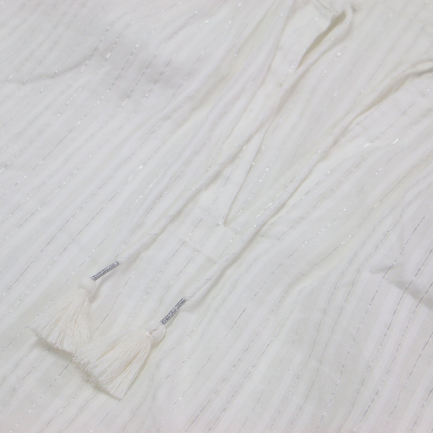 24春夏 ラメ ストライプ チュニック ブラウス / プルオーバー 長袖 スキッパー タッセル リボン スリット コットン