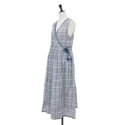 カシュクール ノースリーブワンピース / ドレス Aライン フレア Vネック ノースリーブ チェック 総柄 羽織り ギャザー リネン ウォッシャブル