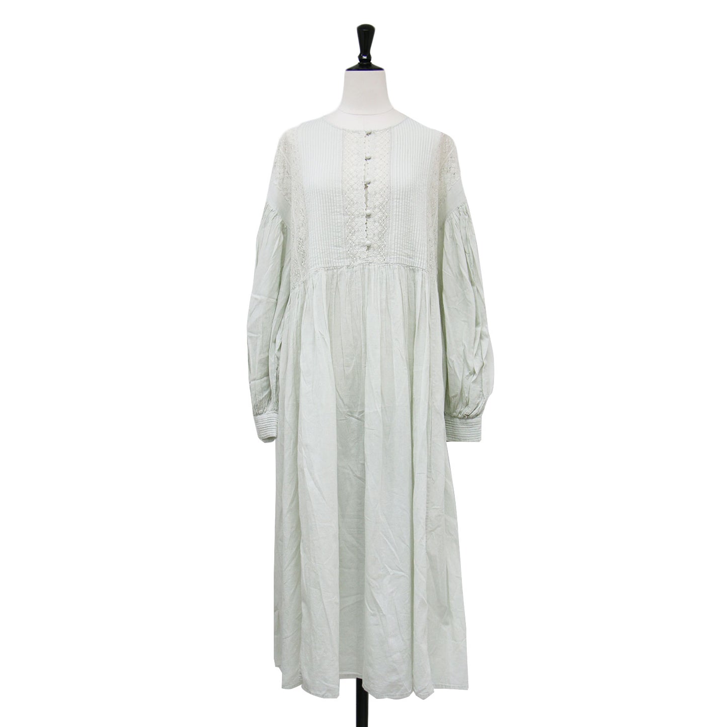 23春夏 インドアンティークレースワンピース / ドレス ラウンドネック ドロップショルダー 長袖 ピンタック くるみボタン コットン