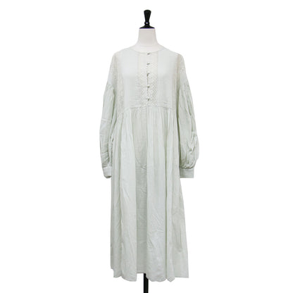 23春夏 インドアンティークレースワンピース / ドレス ラウンドネック ドロップショルダー 長袖 ピンタック くるみボタン コットン