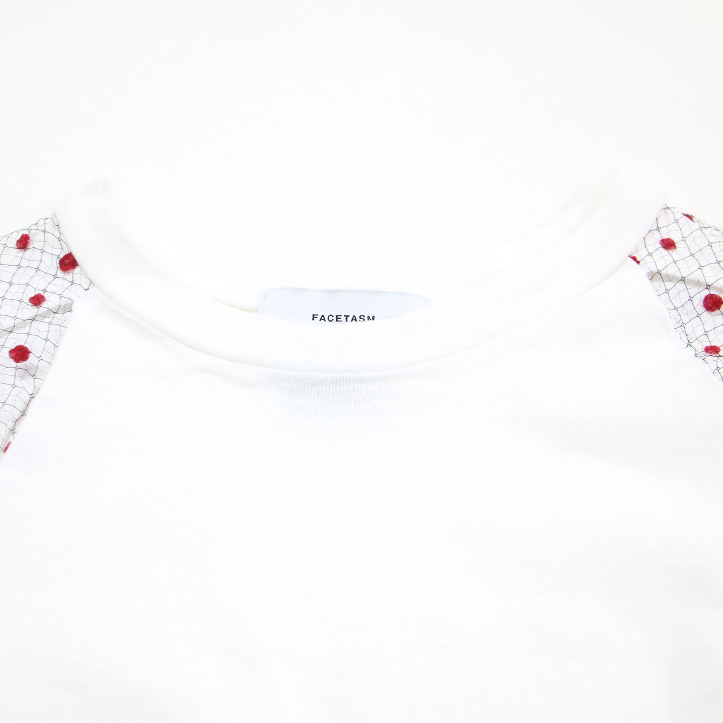 袖チュール Tシャツ / プルオーバー ラウンドネック ラグラン 半袖 異素材 ドット カットデザイン コットン