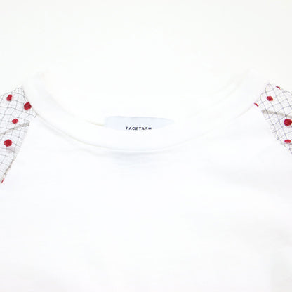 袖チュール Tシャツ / プルオーバー ラウンドネック ラグラン 半袖 異素材 ドット カットデザイン コットン