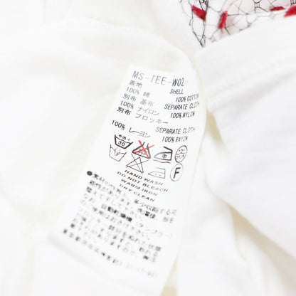 袖チュール Tシャツ / プルオーバー ラウンドネック ラグラン 半袖 異素材 ドット カットデザイン コットン
