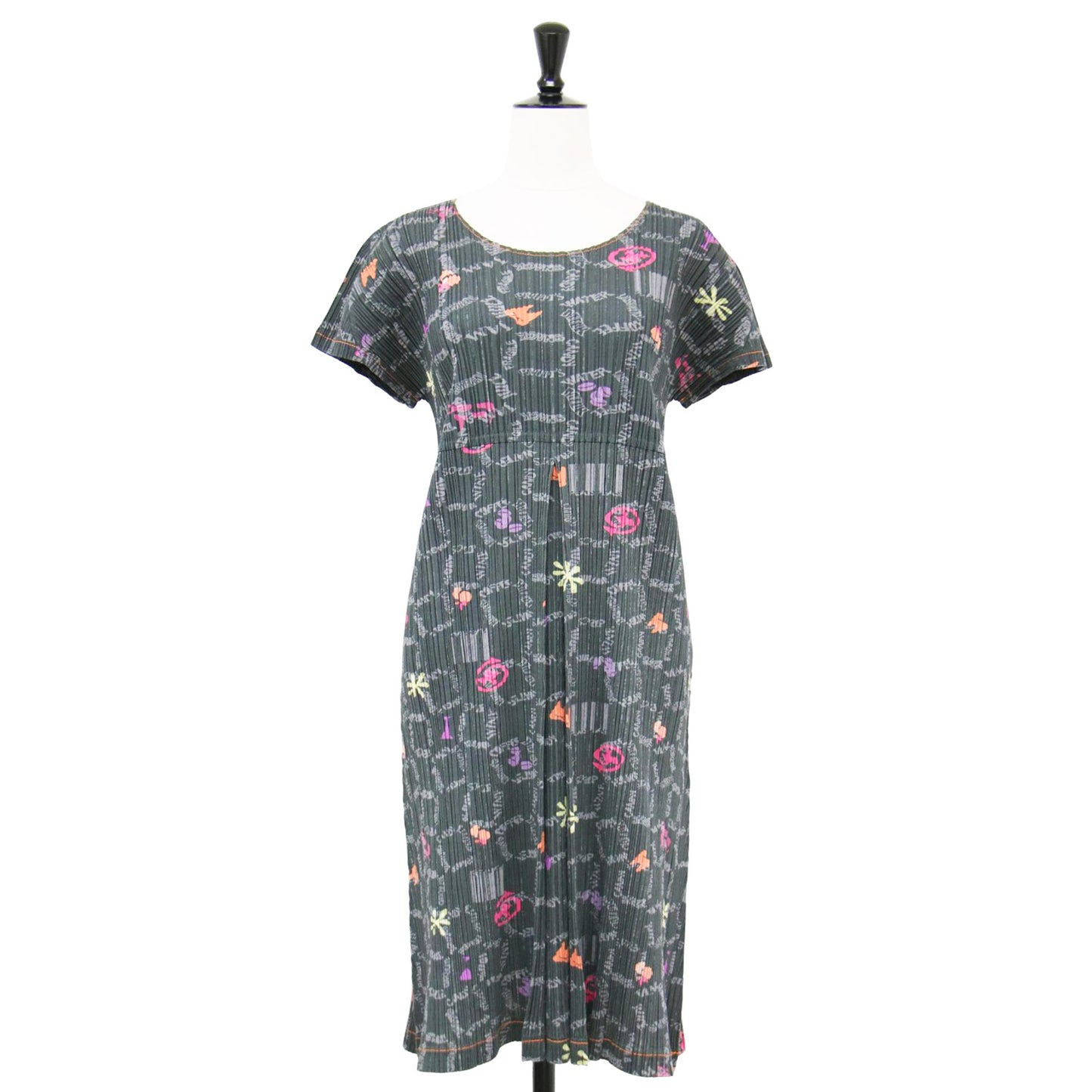 メガマート 総柄 プリーツ ワンピース / 半袖 クルーネック タック フレア Aライン コットン