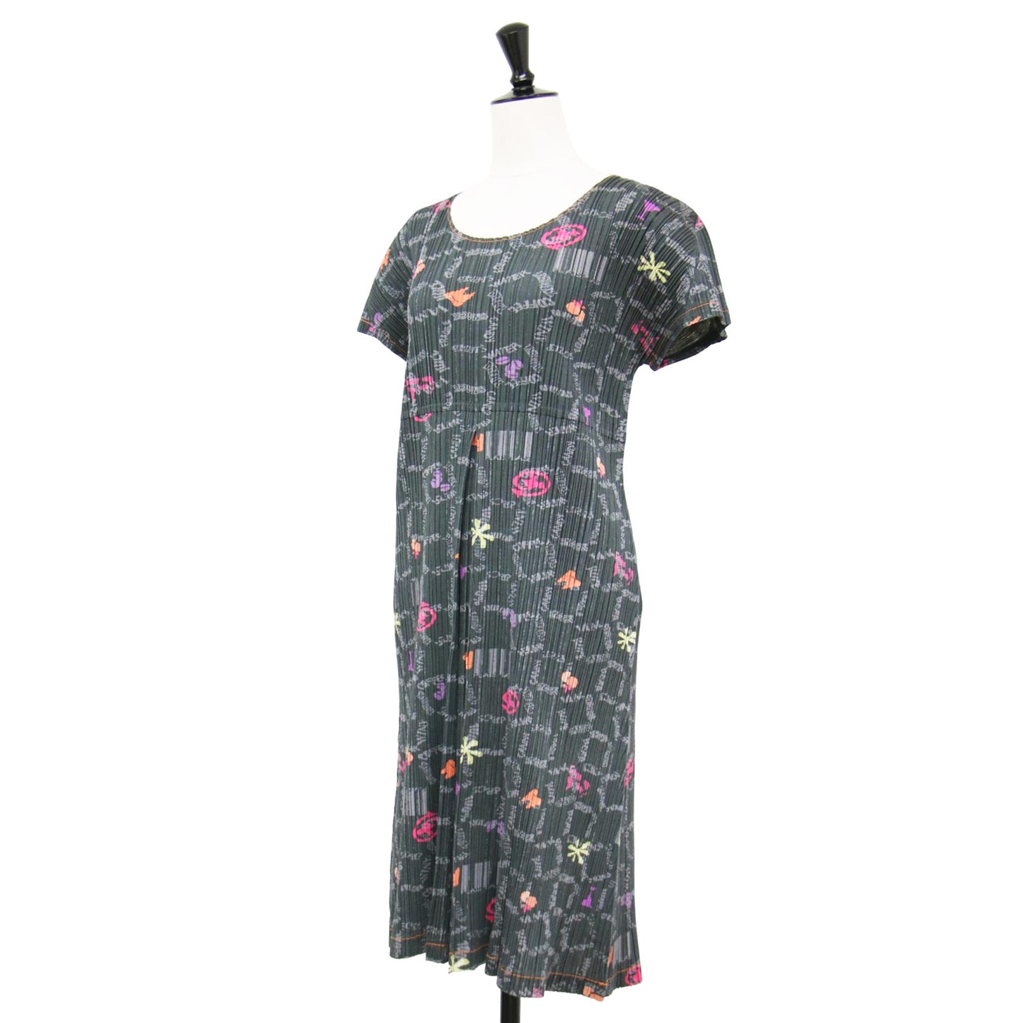 メガマート 総柄 プリーツ ワンピース / 半袖 クルーネック タック フレア Aライン コットン