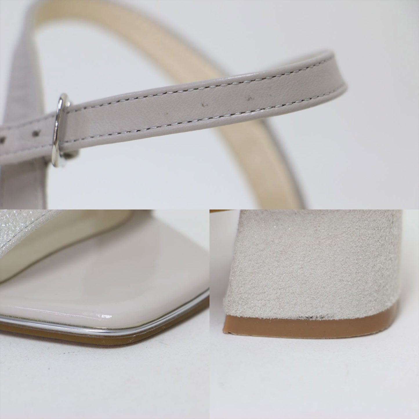 メタルライン ブロックヒール サンダル / オープントゥ ローヒール ラメ加工 本革