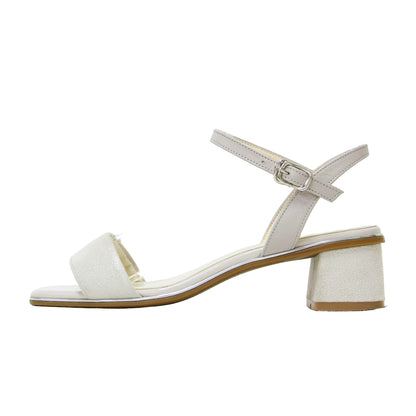 メタルライン ブロックヒール サンダル / オープントゥ ローヒール ラメ加工 本革