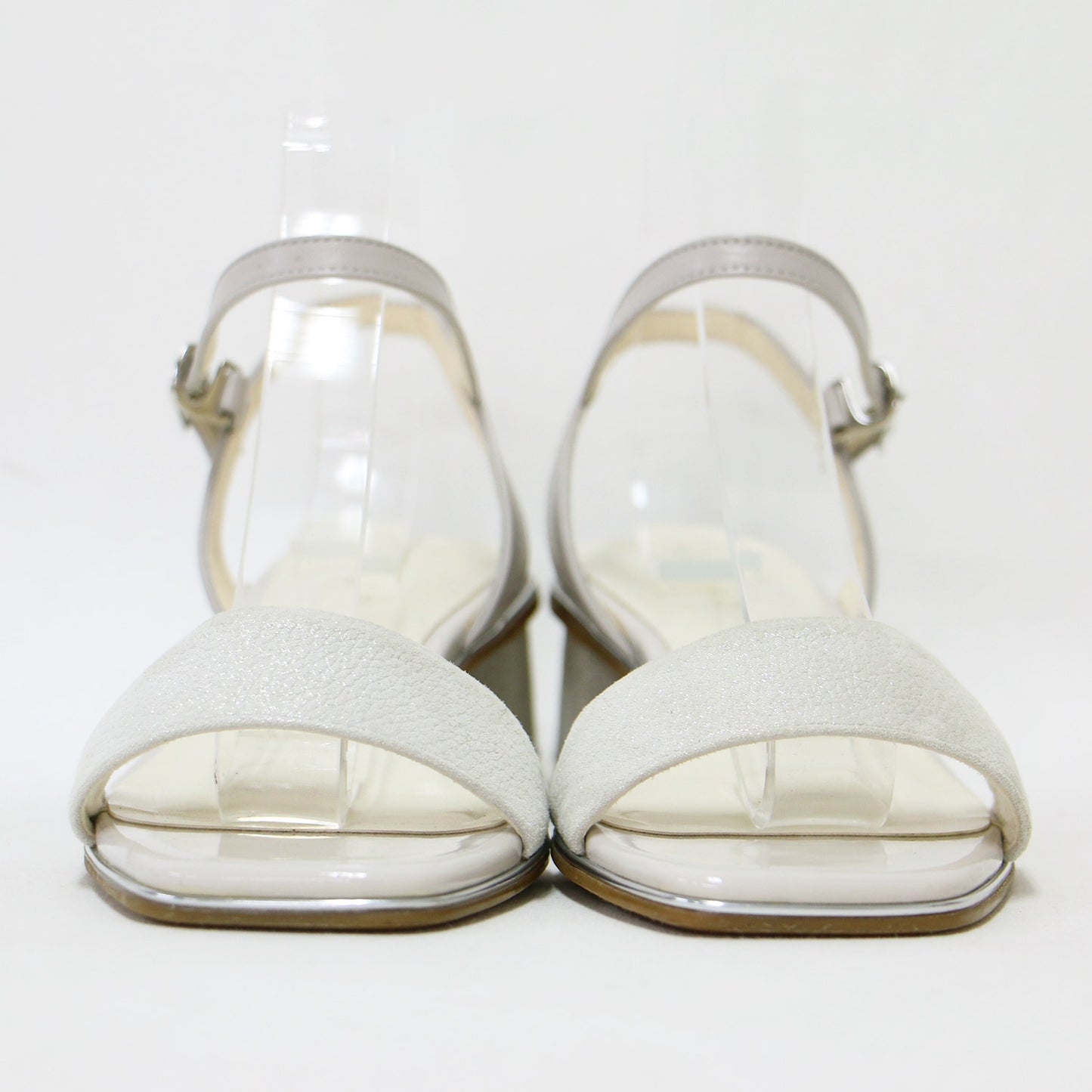 メタルライン ブロックヒール サンダル / オープントゥ ローヒール ラメ加工 本革