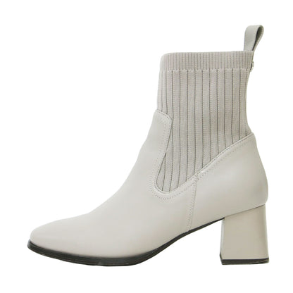 リブニット ショートブーツ / スクエアトゥ チャンキーヒール サイドゴア レザー