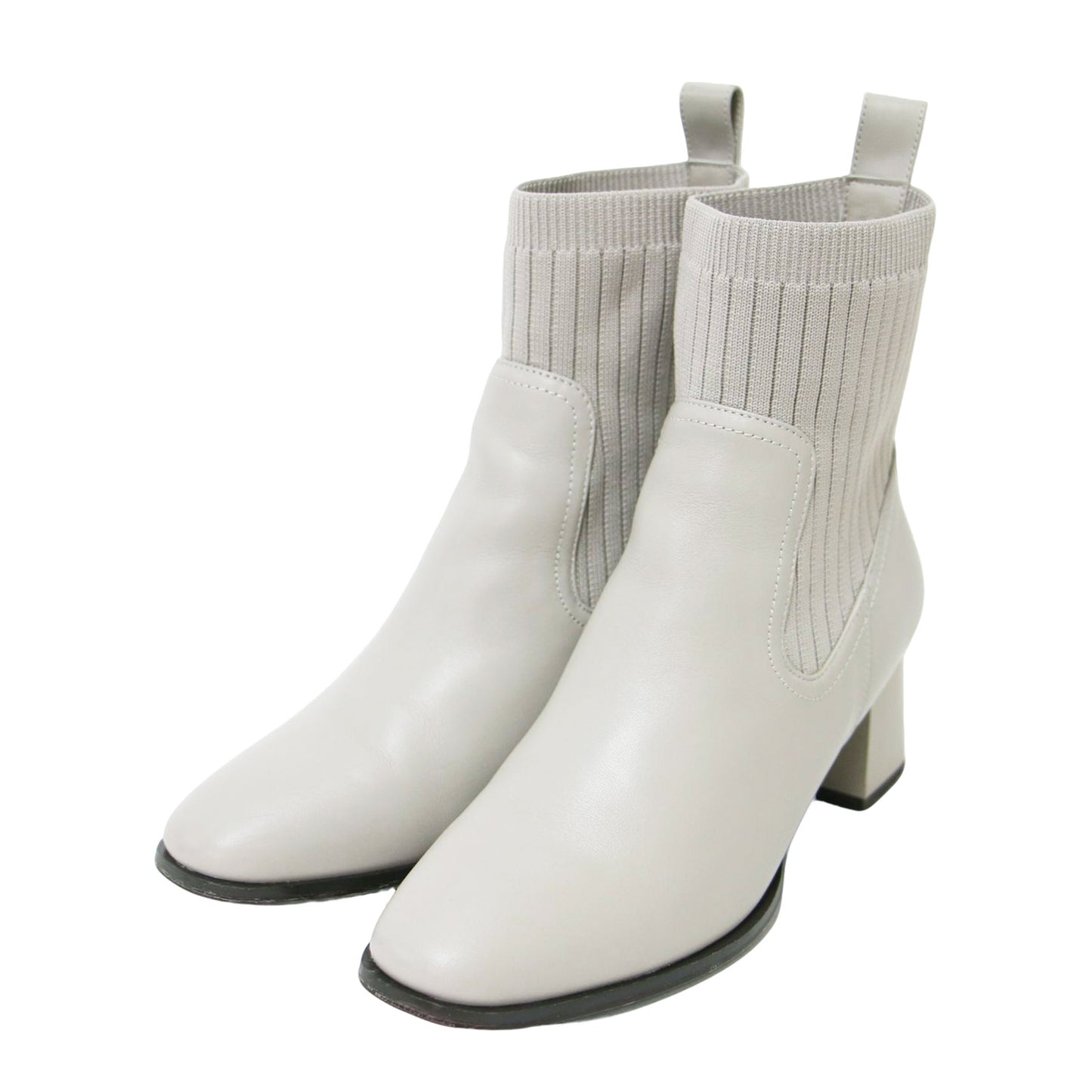 リブニット ショートブーツ / スクエアトゥ チャンキーヒール サイドゴア レザー