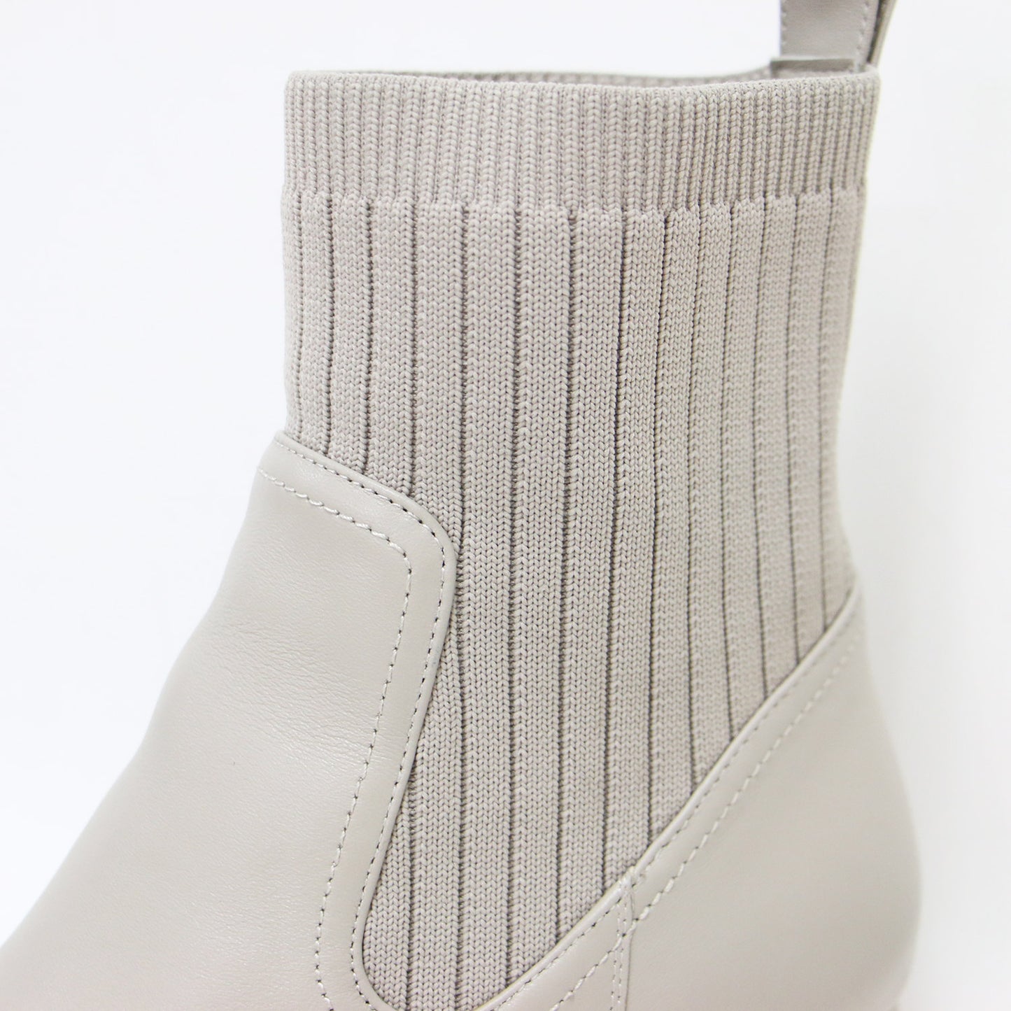 リブニット ショートブーツ / スクエアトゥ チャンキーヒール サイドゴア レザー