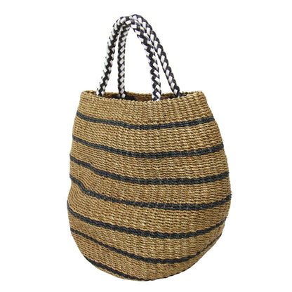 レザーハンドル ボーダー柄 カゴバッグ / ハンドバッグ トートバッグ 天然素材