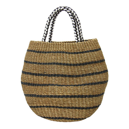 レザーハンドル ボーダー柄 カゴバッグ / ハンドバッグ トートバッグ 天然素材