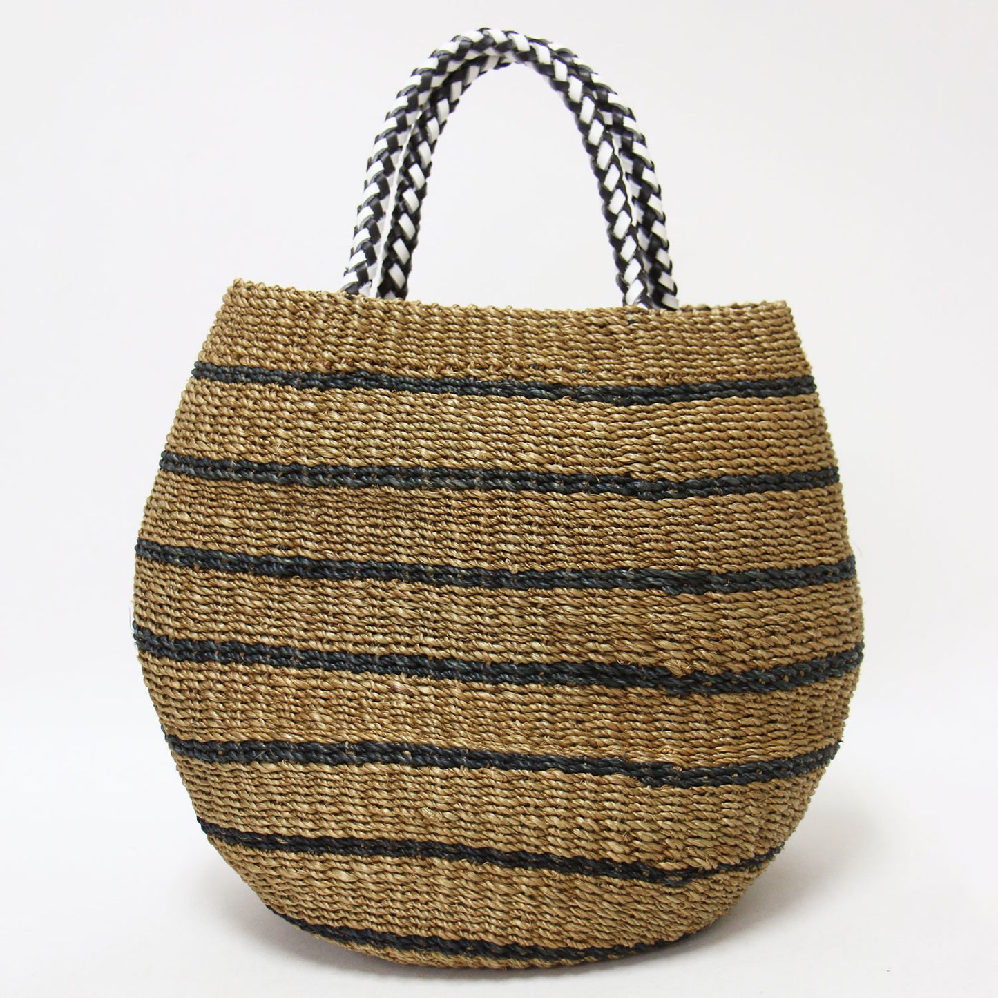 レザーハンドル ボーダー柄 カゴバッグ / ハンドバッグ トートバッグ 天然素材