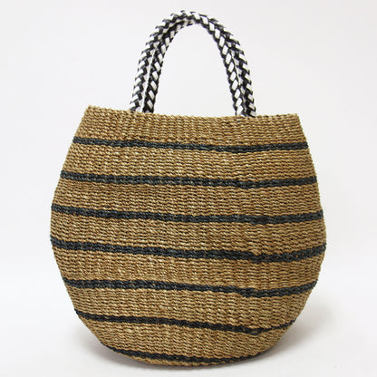レザーハンドル ボーダー柄 カゴバッグ / ハンドバッグ トートバッグ 天然素材