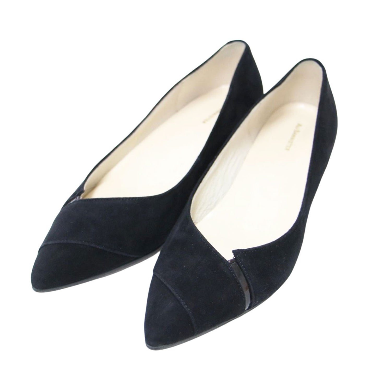 スエード ポインテッドトゥ パンプス / Vカット ローヒール エナメル コンビ レザー