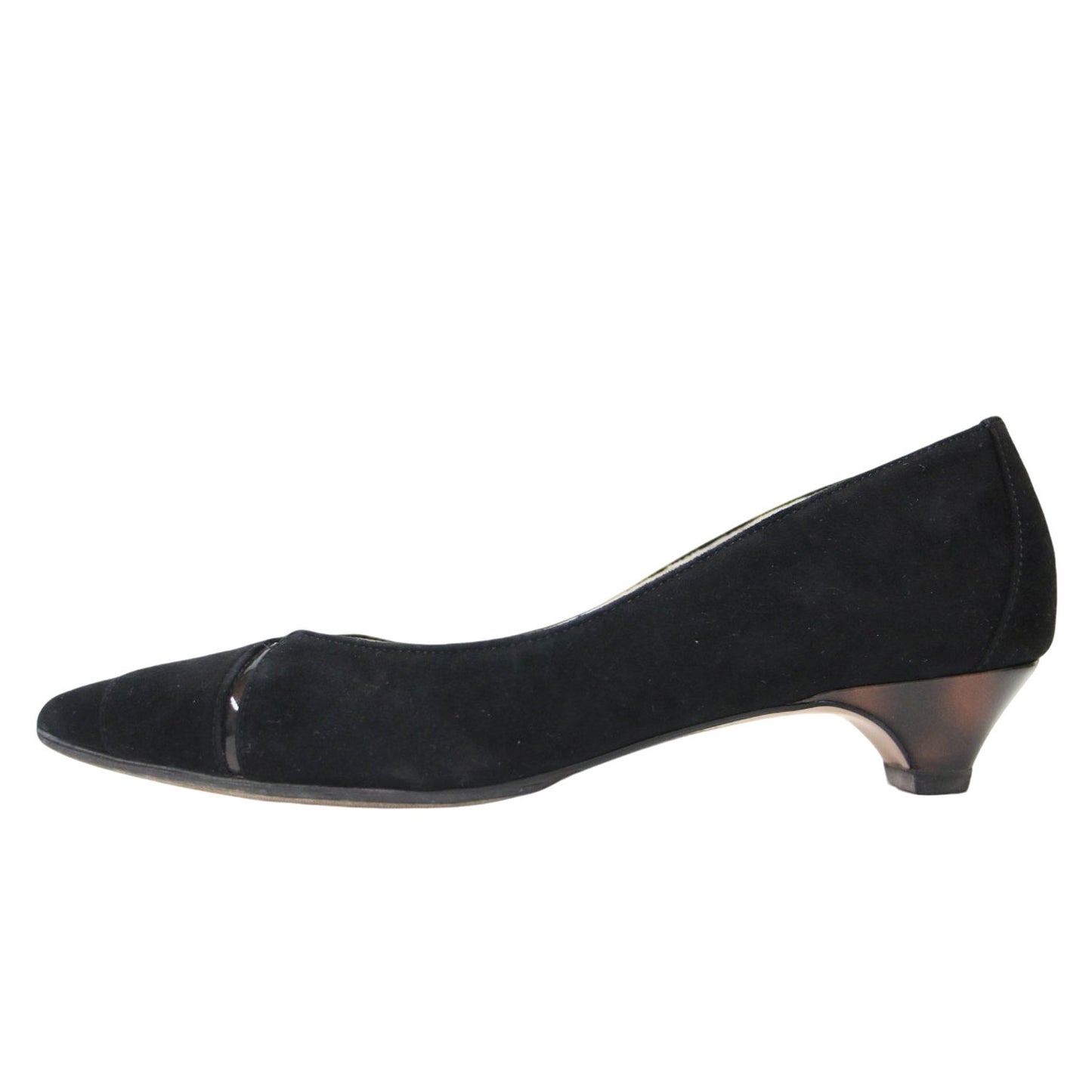 スエード ポインテッドトゥ パンプス / Vカット ローヒール エナメル コンビ レザー